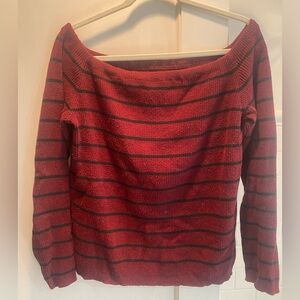American Eagle-Off the Shoulder Ribbed Striped Sweater, Burgundy/Black, Size XL